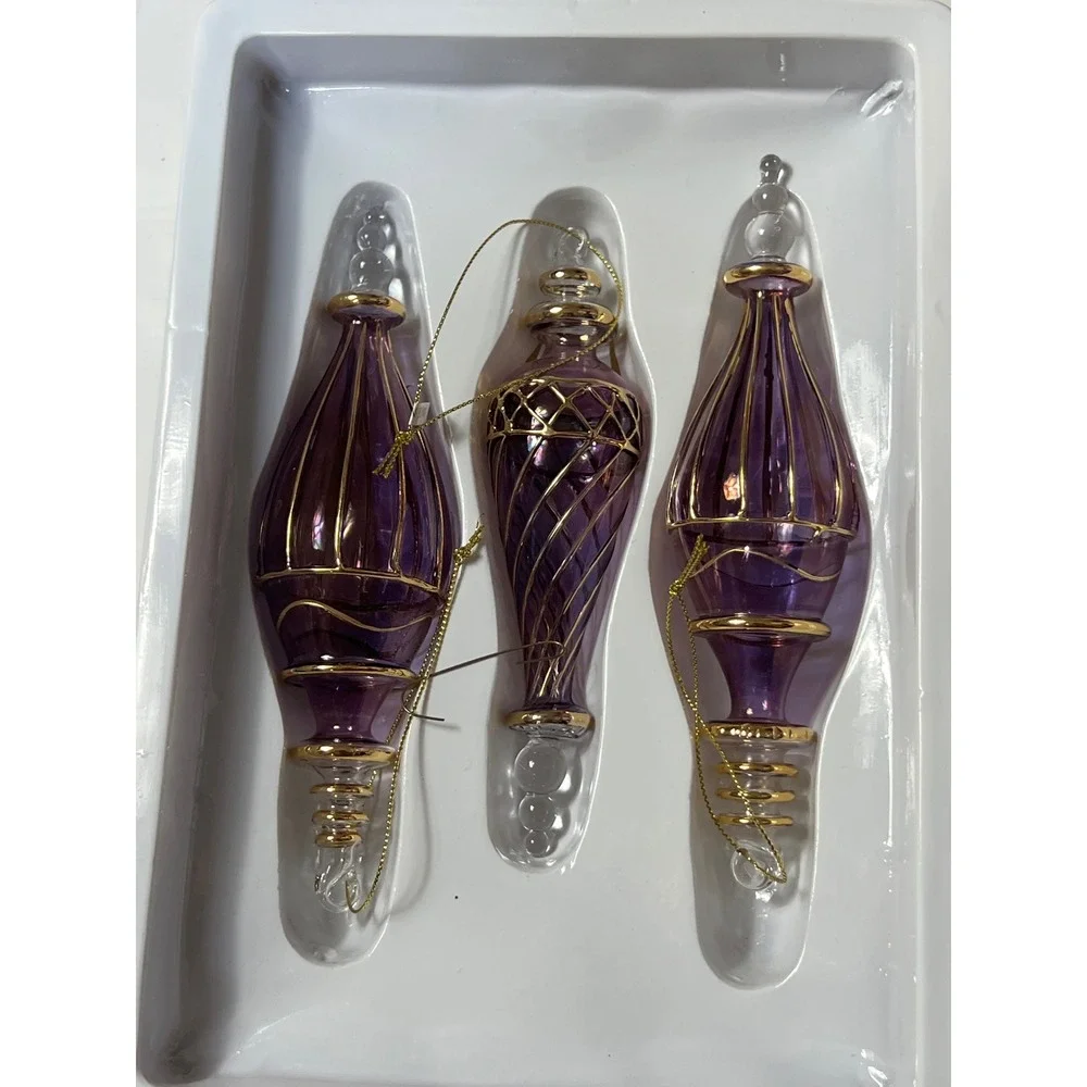 Dillards Trimmings Vintage Purple Gold Glass Finial Christmas Ornaments Set of 6